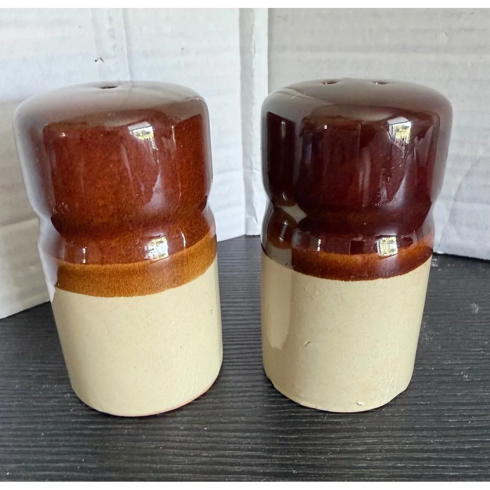 Vintage Two Tone Brown Tan Stoneware Salt and Pepper Shakers Farmhouse Ceramic